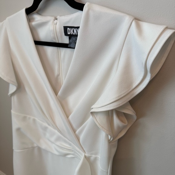 DKNY V-Neck Flutter Sleeve Solid Tie Waist Dress Wedding Summer Ivory Sz 10 - Picture 3 of 13